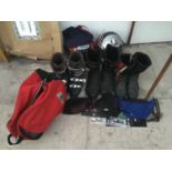 VARIOUS MOTORCYLIST ITEMS TO INCLUDE CRASH HELMETS, BOOTS, BOOT CARRIER, GOGGLES ETC