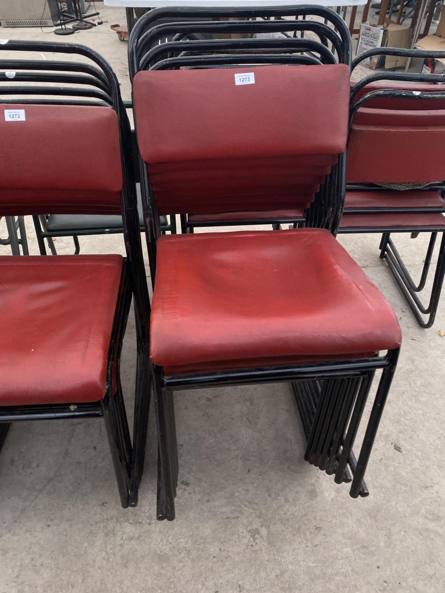 SEVEN RETRO RED LEATHER STACKING CHAIRS