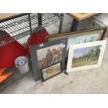 FOUR NEW RED LAMP SHADES, A SILVER SHADE AND FOUR VARIOUS PICTURES