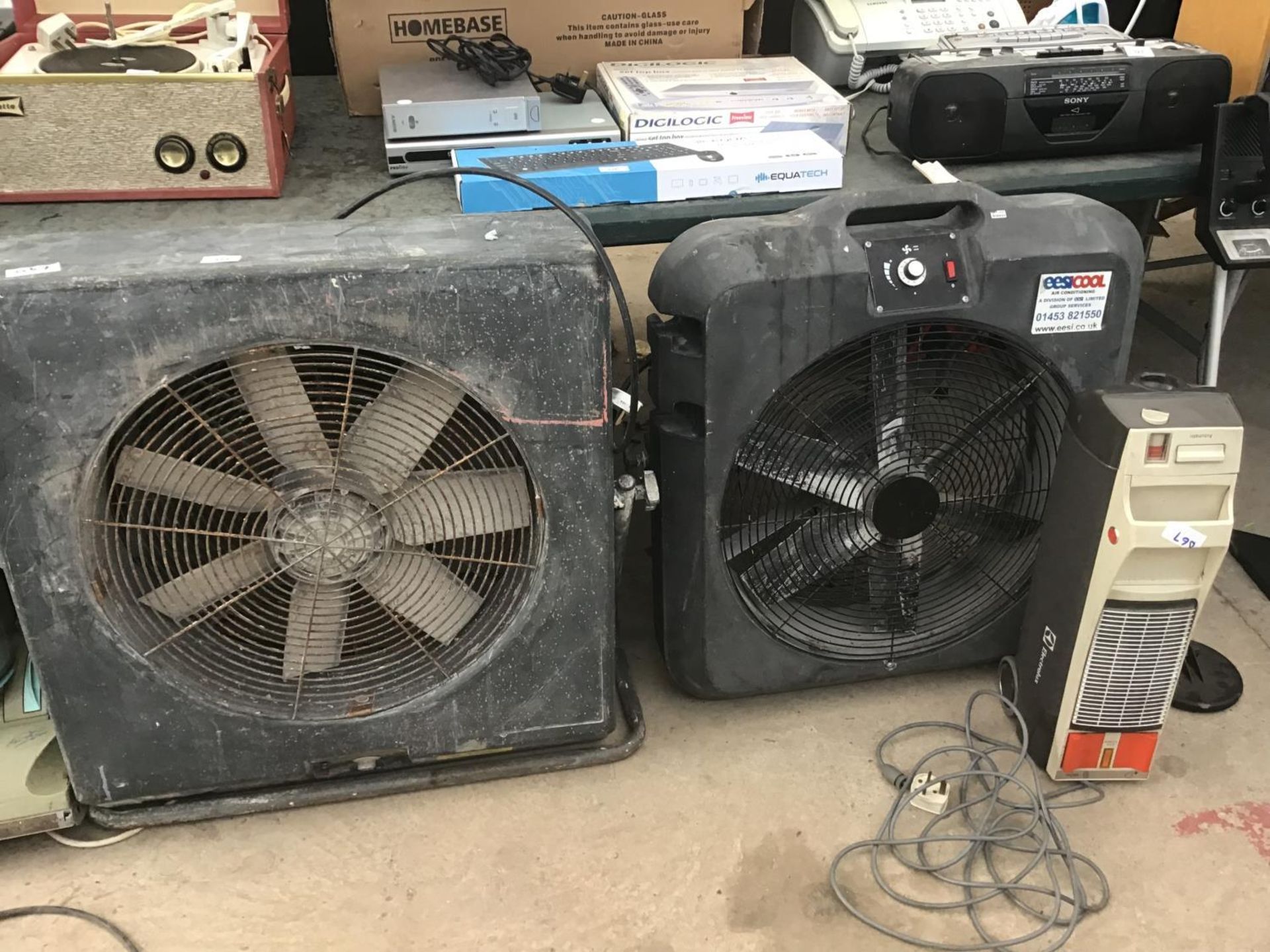 TWO INDUSTRIAL FANS (ONE WORKING)TO INCLUDE AND EESI COOL AND AN ELECTROLUX VACUUM CLEANER