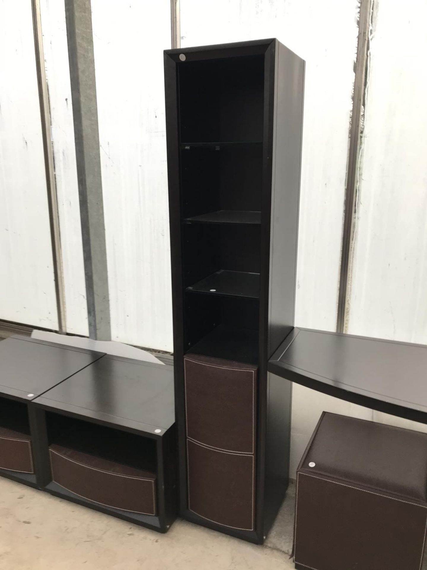 FIVE ITEMS OF MODERN BLACK FURNITURE - TWO CABINETS WITH SINGLE LEATHERETTE DRAWERS, A TALL - Image 3 of 4