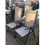 THREE AS NEW GREY FRAMED CREAM SEATED GARDEN CHAIRS AND A CREAM PARASOL