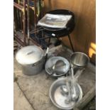 A COLLECTION OF COOKWARE TO INCLUDE A NEW BBQ, STAINLESS STEEL PANS AND BOWLS AND UTENSILS ETC