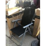 FIVE NEW AND BOXED GREY METAL GARDEN CHAIRS WITH BLACK SEATS