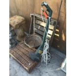 VARIOUS ITEMS TO INCLUDE A POTATO CRATE, WICKER BASKET (A/F), AND ELECTRIC STRIMMER IN WORKING ORDER