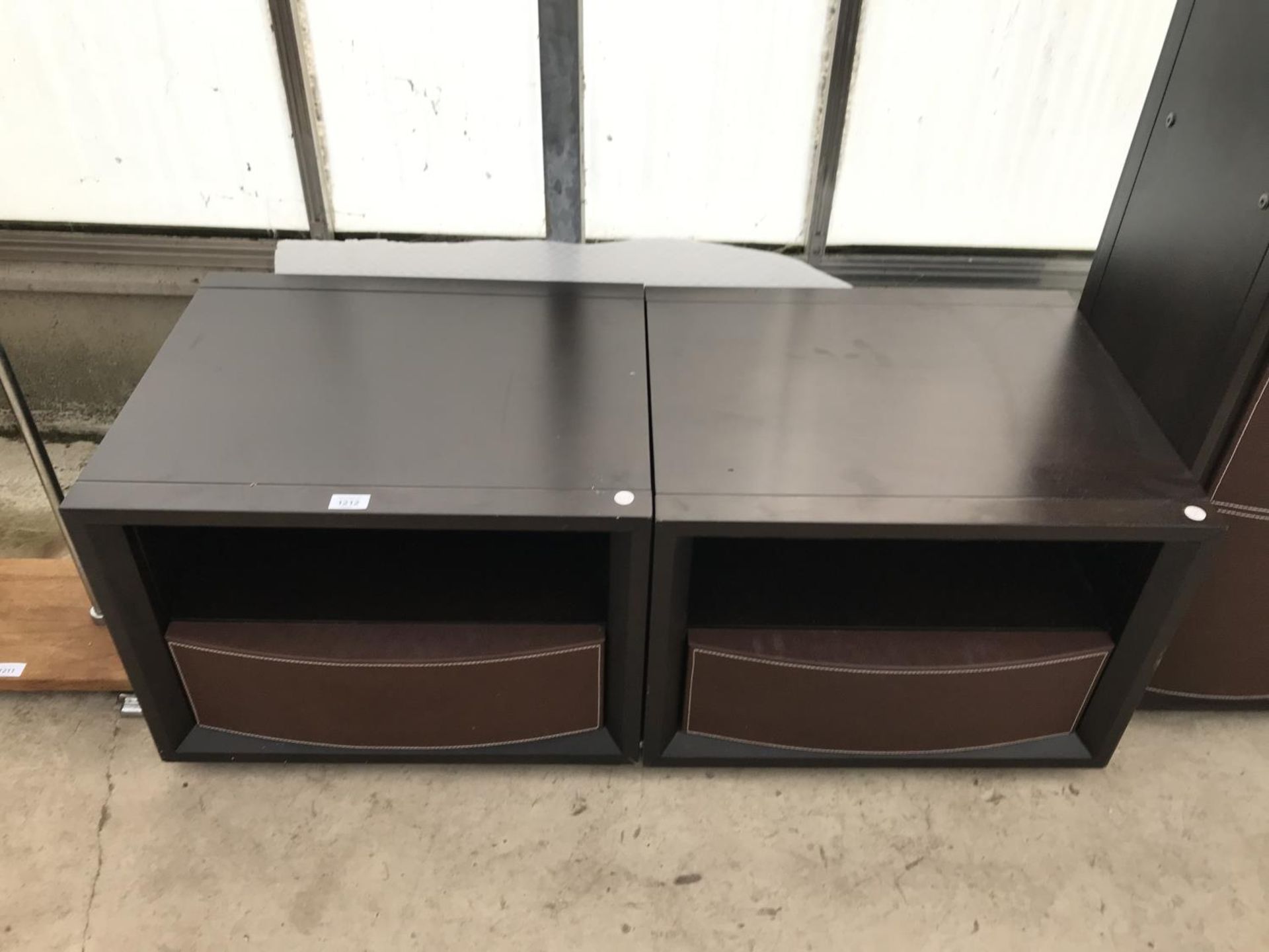 FIVE ITEMS OF MODERN BLACK FURNITURE - TWO CABINETS WITH SINGLE LEATHERETTE DRAWERS, A TALL - Image 2 of 4