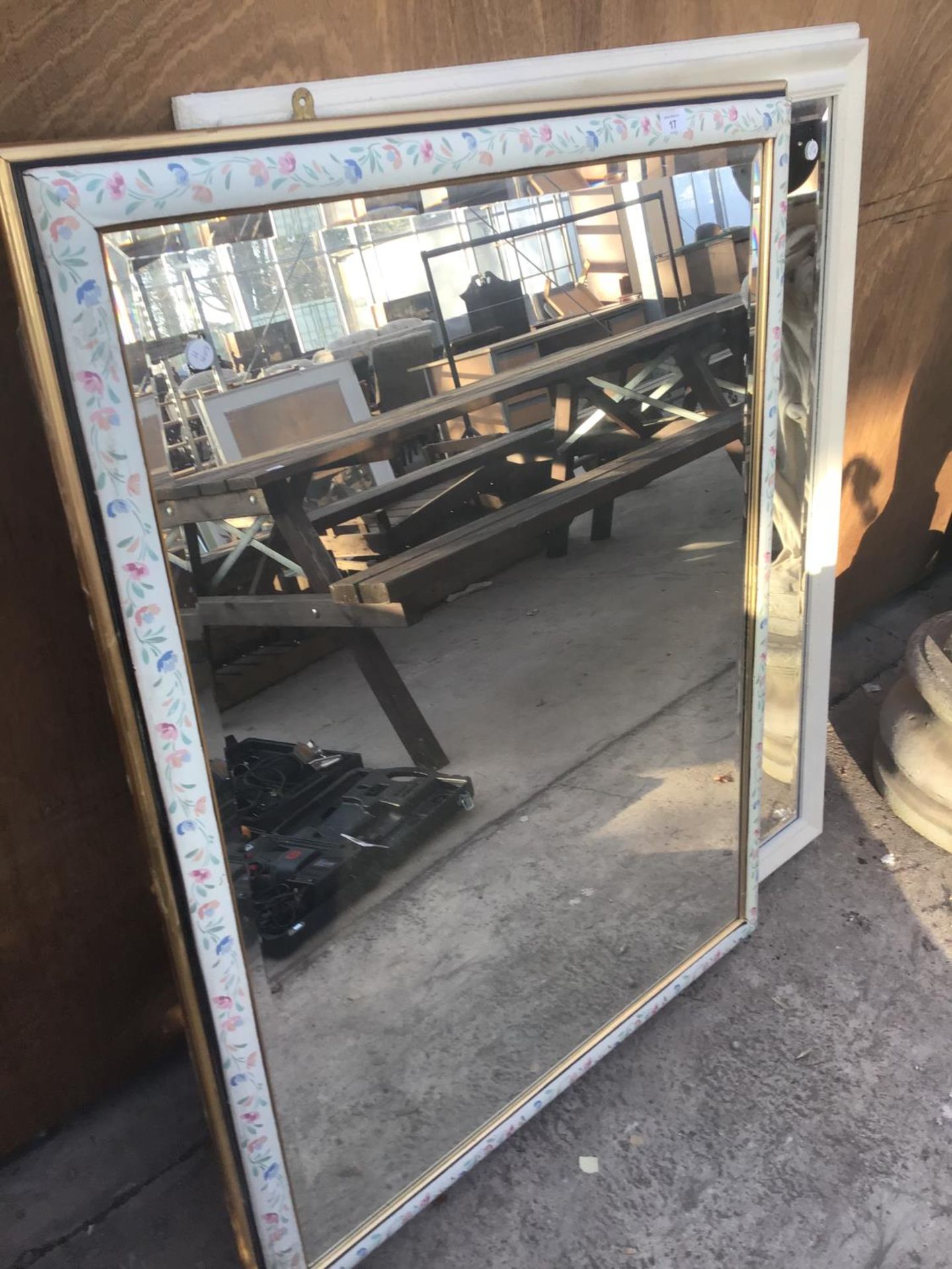 TWO LARGE MIRRORS ONE WITH A WHITE FRAME ONE WITH A FLORAL FRAME - Image 2 of 2