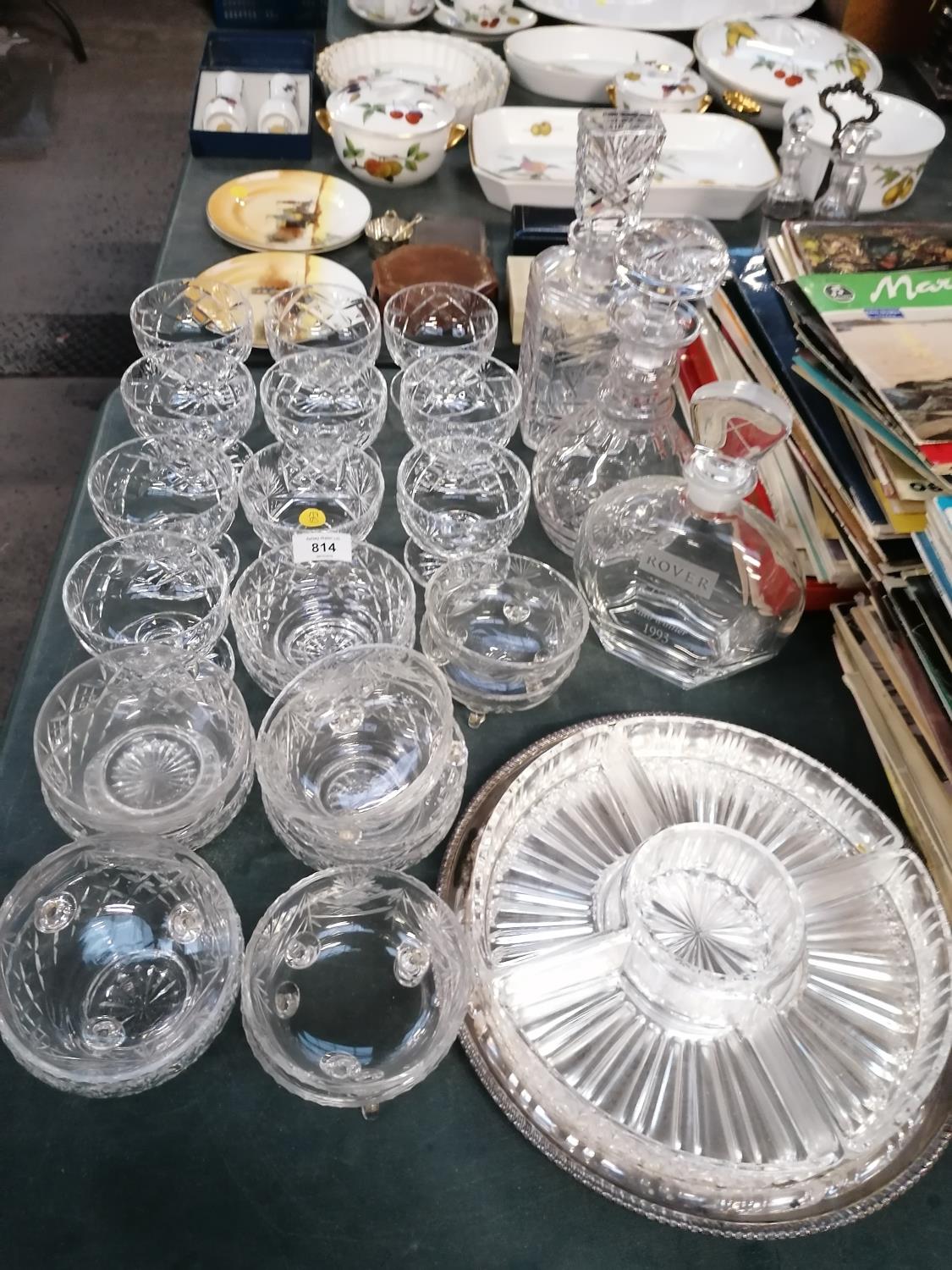 A LARGE COLLECTION OF CUT GLASS ITEMS - ROVER DECANTER ETC