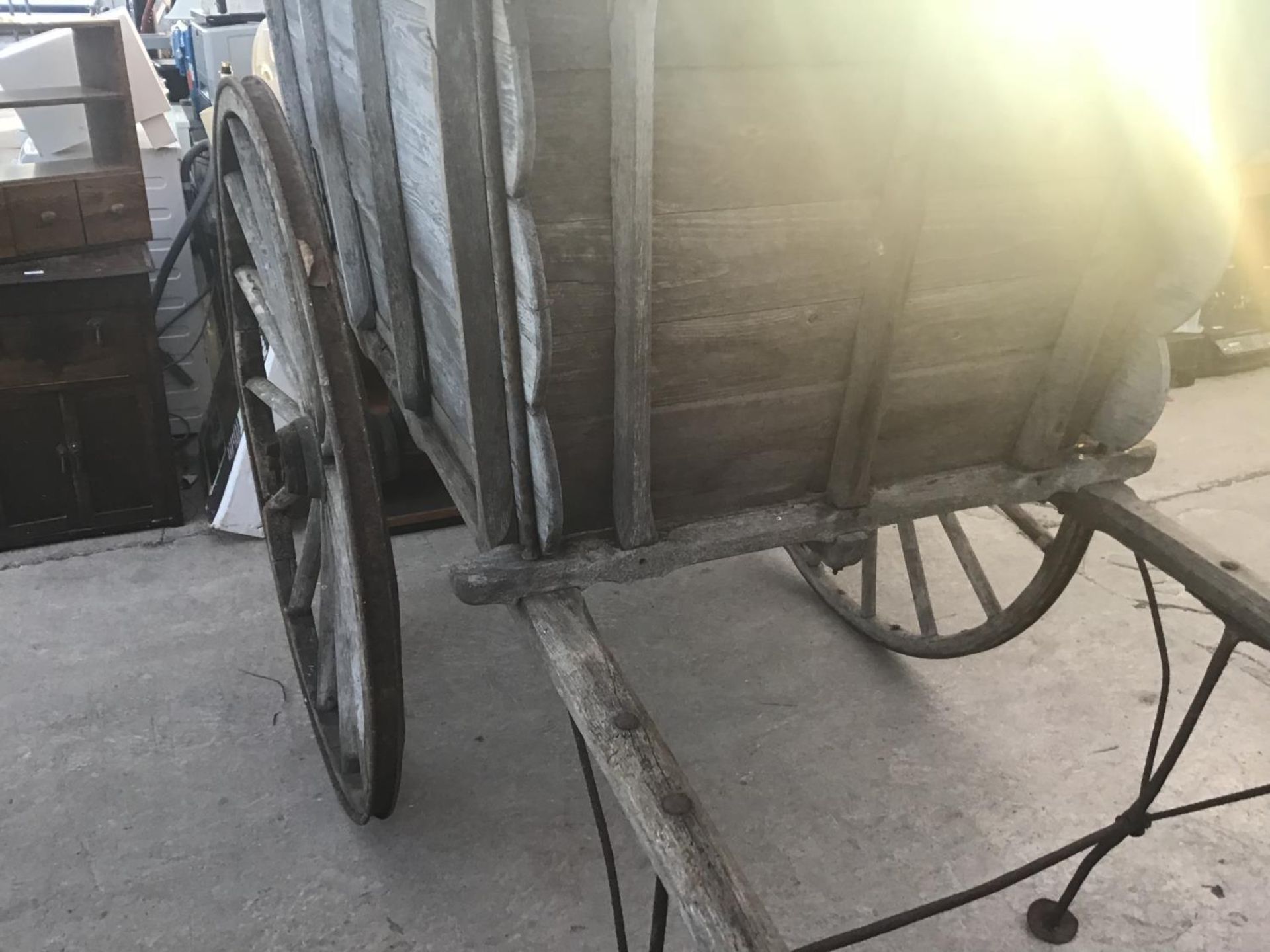 A VINTAGE WOODEN HORSE DRAWN CART WITH WOODEN METAL RIMMED WHEELS - Image 7 of 7