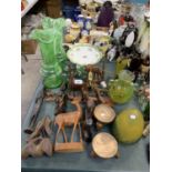 A LARGE COLLECTION OF WOODEN ANIMAL FIGURES, GLASS VASES, LAMP ETC