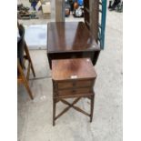 TWO ITEMS - A SMALL MAHOGANY SIDE TABLE WITH TWO DRAWERS AND A MAHOGANY TEA TROLLEY WITH ONE DRAWER