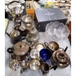 MIXED SILVER PLATED WARES, BOXED WATERFORD CRYSTAL BOWL ETC