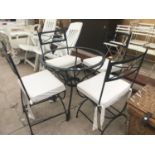 A VERDE GRIS STYLE CIRCULAR TABLE (NO TOP) AND FOUR MATCHING CHAIRS WITH CREAM SEAT PADS