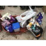 A LARGE QUANTITY OF DOG FOOD, BASKET, BOWLS, CAT LITTER ETC