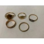 FIVE ASSORTED 9CT YELLOW GOLD RINGS, CHILD'S SIGNET RING, SIGNET RING A/F, BAND, ART DECO RING AND