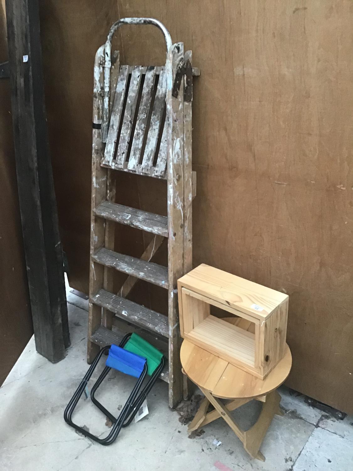 VARIOUS ITEMS TO INCLUDE A VINTAGE WOODEN FOUR RUNG STEP LADDER, A FOLDING TABLE AND TWO FOLDING