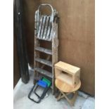 VARIOUS ITEMS TO INCLUDE A VINTAGE WOODEN FOUR RUNG STEP LADDER, A FOLDING TABLE AND TWO FOLDING
