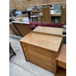 A RETRO TEAK CHEST OF FOUR DRAWERS WITH UPPER UNFRAMED MIRROR