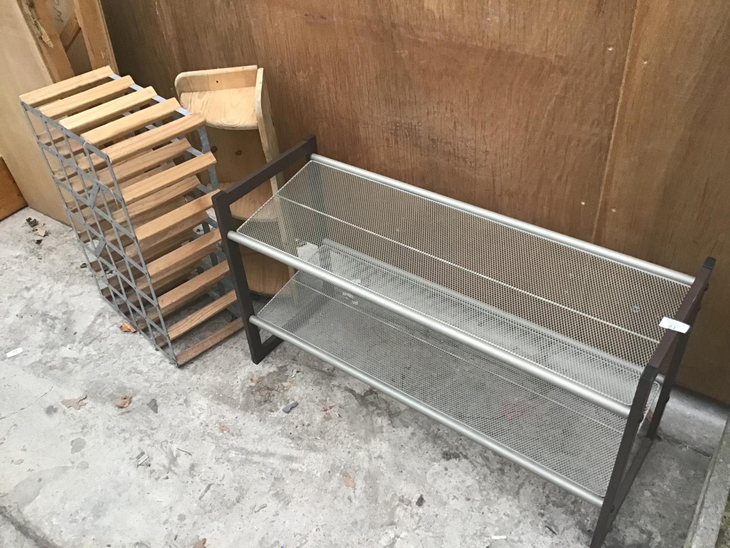 A TWENTY FOUR BOTTLE WINE RACK, A METAL SHOE RACK AND A PINE CORNER SHELF