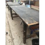 A LARGE WOODEN WORK BENCH/TABLE 244CM X 88CM