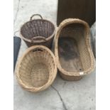 THREE LARGE WICKER BASKETS TO INCLUDE A MOSES BASKET