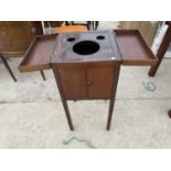 AN INLAID MAHOGANY POT CUPBOARD WITH HINGED TWIN TOP AND TWO DOORS