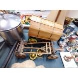 A WOODEN CARVAN MODEL TOGETHER WITH CART AND ACCESSORIES