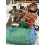 A LARGE QUANTITY OF GARDENING ITEMS TO INCLUDE POTS, TUBS, CANES, BRACKETS, TARPAULIN SHEETS ETC