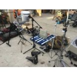 A COLLECTION OF DRUM EQUIPMENT TO INCLUDE TWO DRUMS PEDALS, MICROPHONE STAND ETC