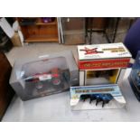 THREE ITEMS - TWO DIE CAST IMPLEMENTS AND A UNIVERSAL HOBBIES MODEL MASSEY FERGUSON 1080 4WD