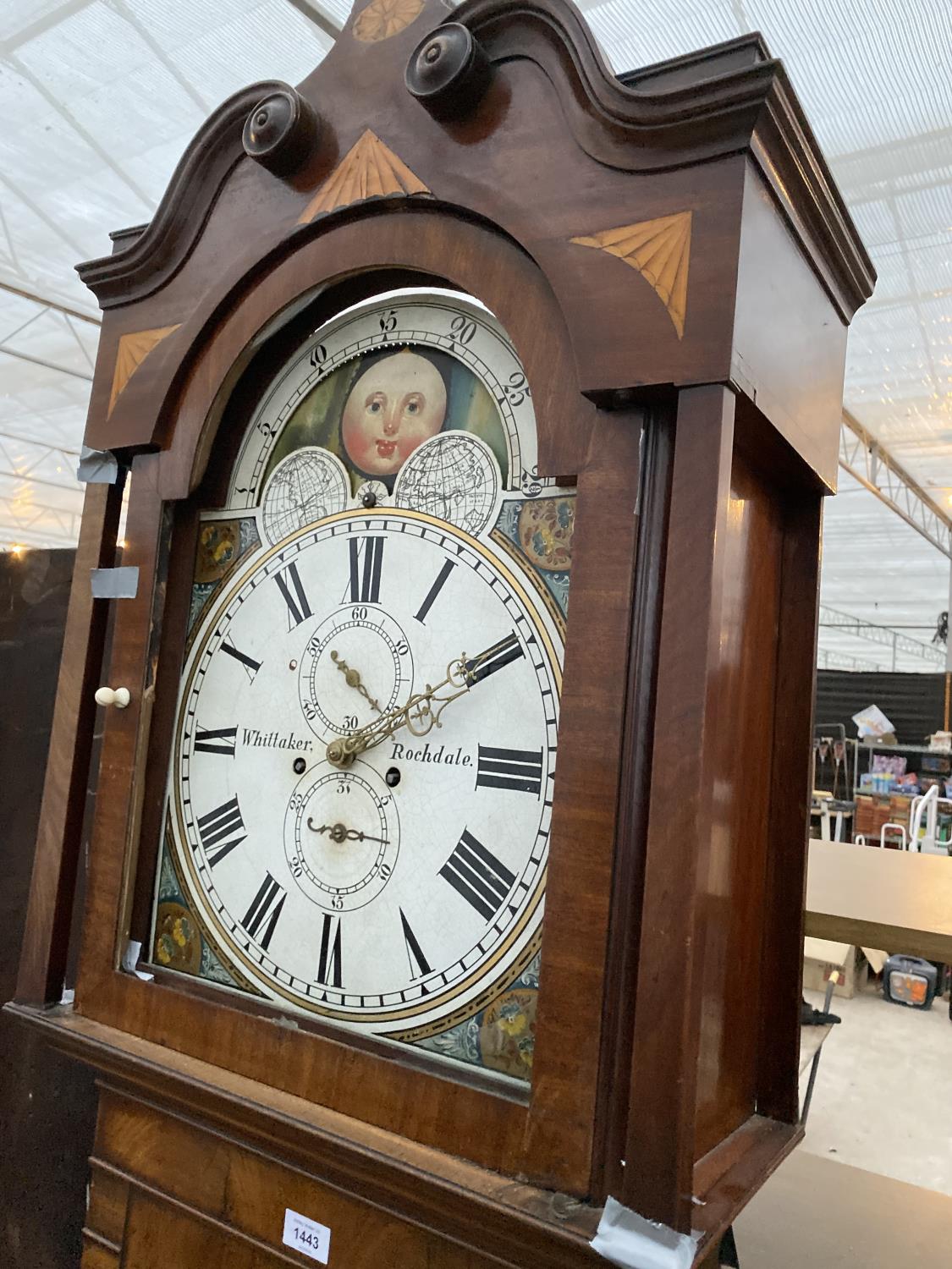 AN INLAID OAK LONG CASE CLOCK WITH A WHITTAKER ROCHDALE FACE