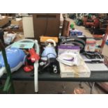 A LARGE COLLECTION OF ELECTRICALS TO INCLUDE VAX CYLINDER VACUUM CLEANER, KETTLE, IRON, LAMP,