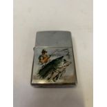 A ZIPPO PETROL LIGHTER WITH FISHING DESIGN