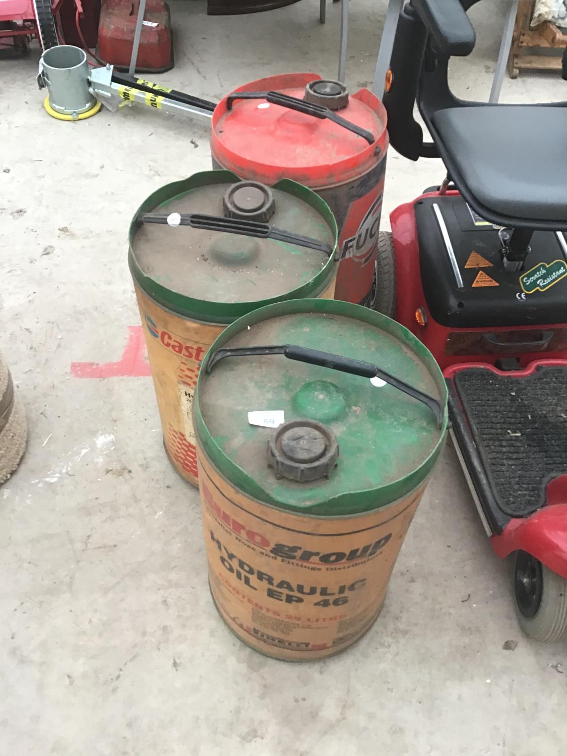 THREE PLASTIC OIL DRUMS TO INCLUDE A CASTROL, FUCHS AND EURO