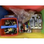 A WOODEN PAINTED CHILD'S STORAGE BOX AND LEGO TOGETHER WITH SOME TIN PLATE CARS