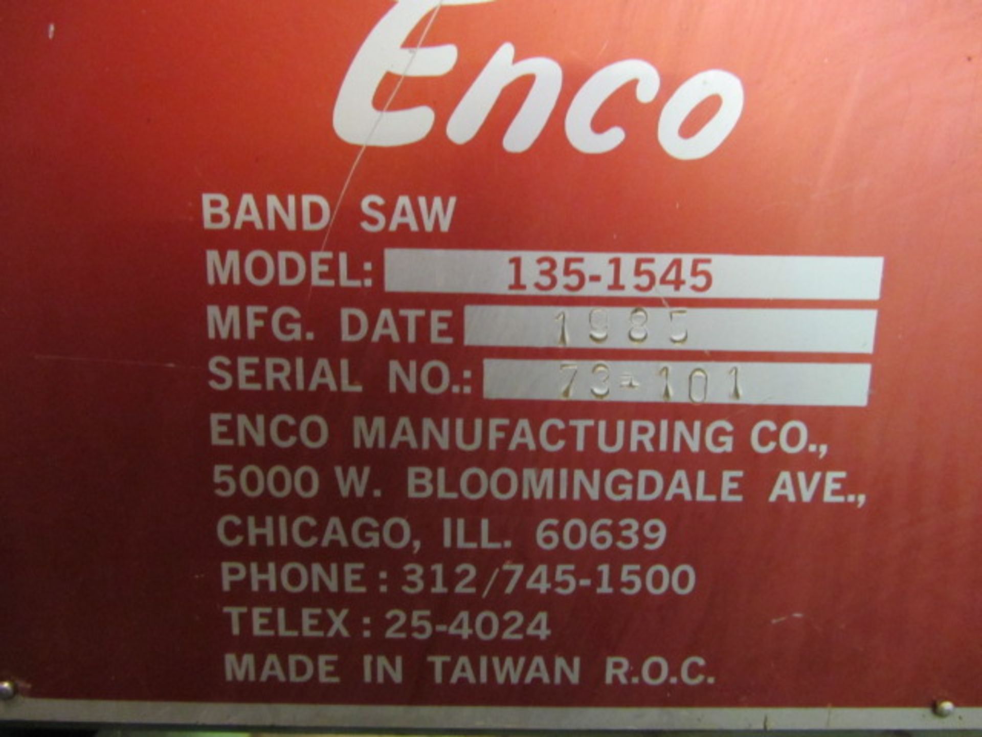 Enco Model 135-1545 13'' (26'') Vertical Bandsaw with 19'' x 21'' Table, sn:73-101 - Image 3 of 6