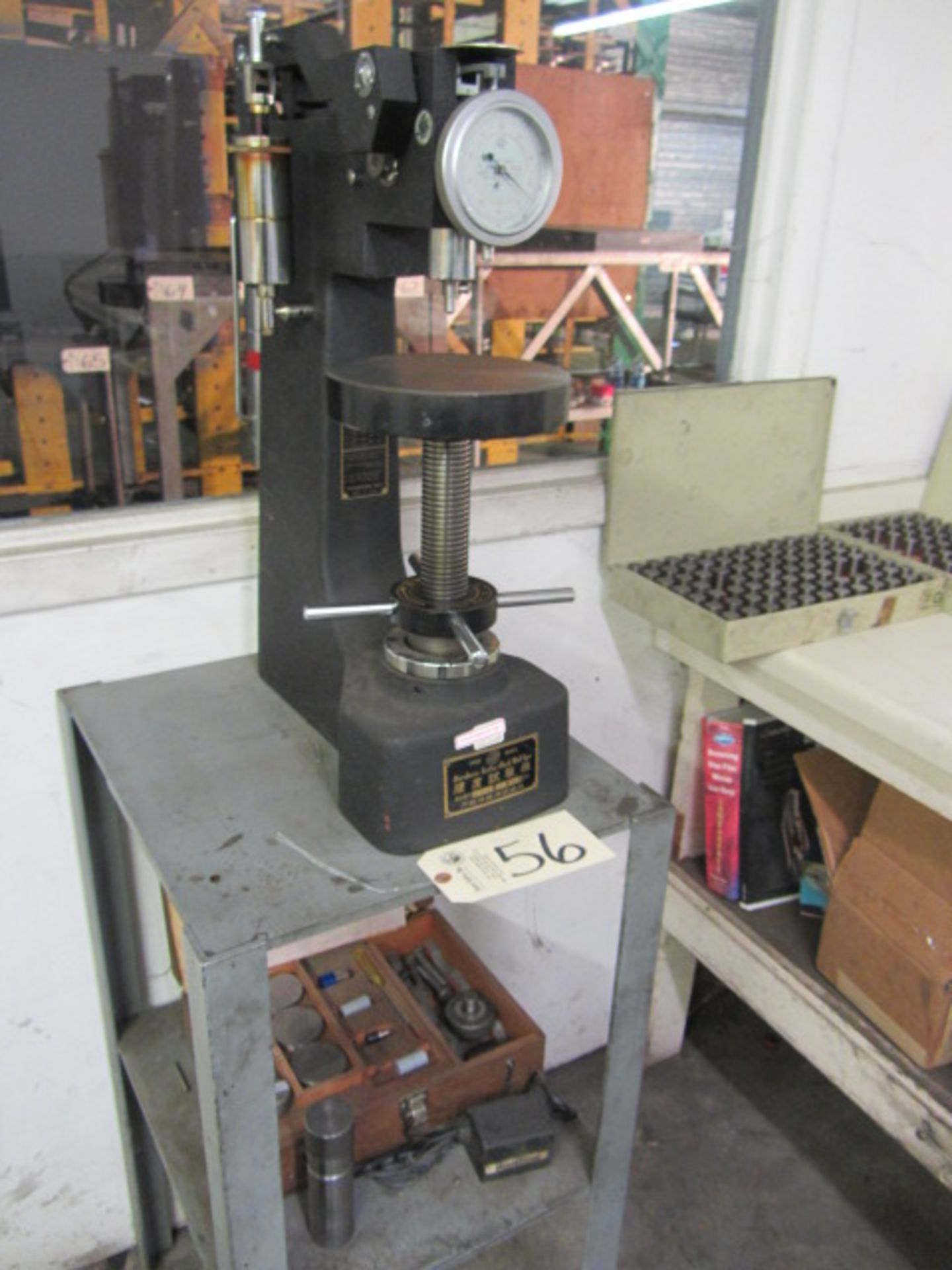 Togoshi Seiki Model 489 Rockwell Type Hardness Tester with Weights, Accessories, Stand, sn:526
