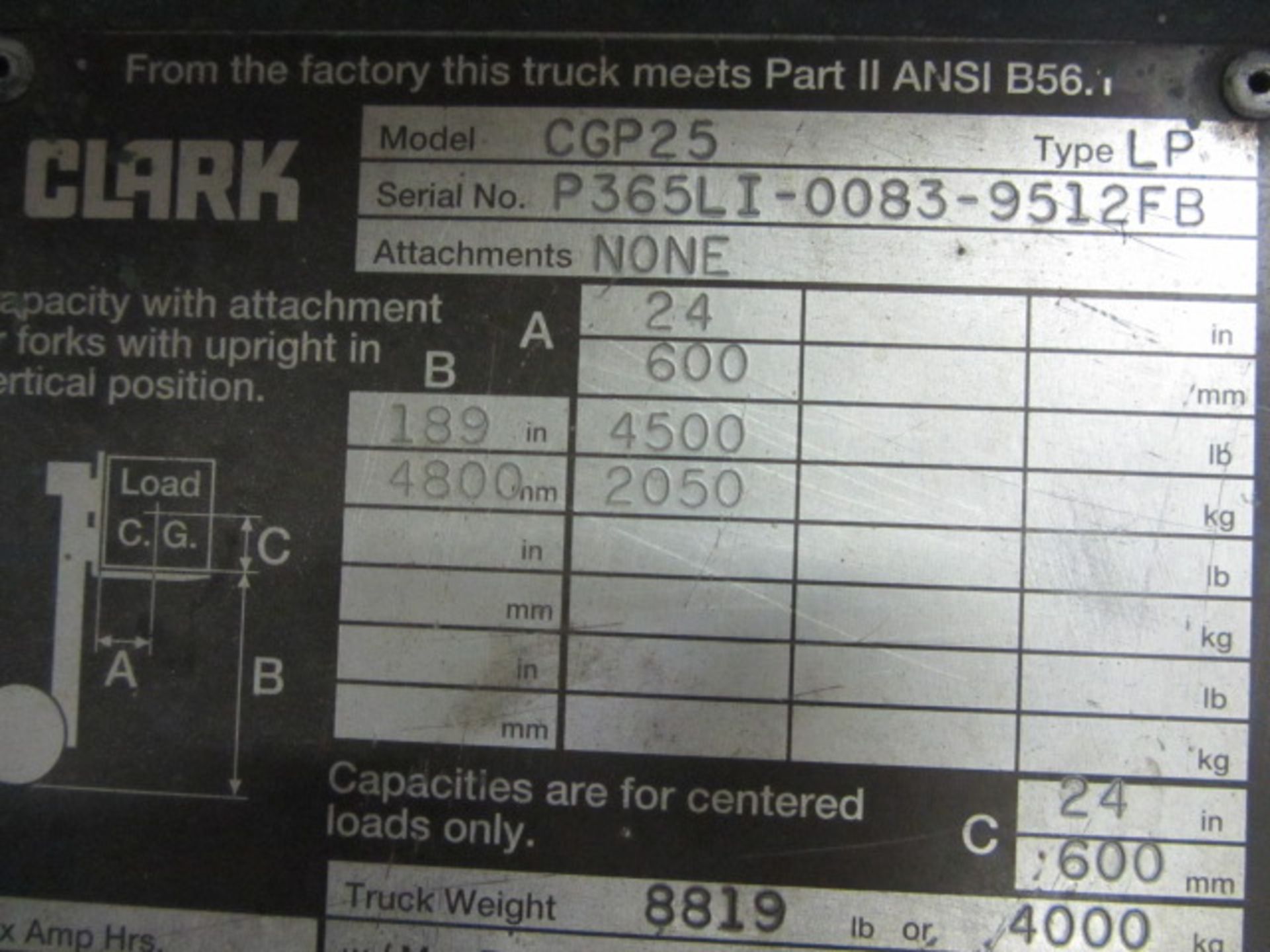 Clark Model CGP25 5,000lb Capacity Propane Forklift with 4 Tread Tires, 42'' Forks, 2-Stage Mast, - Image 6 of 6