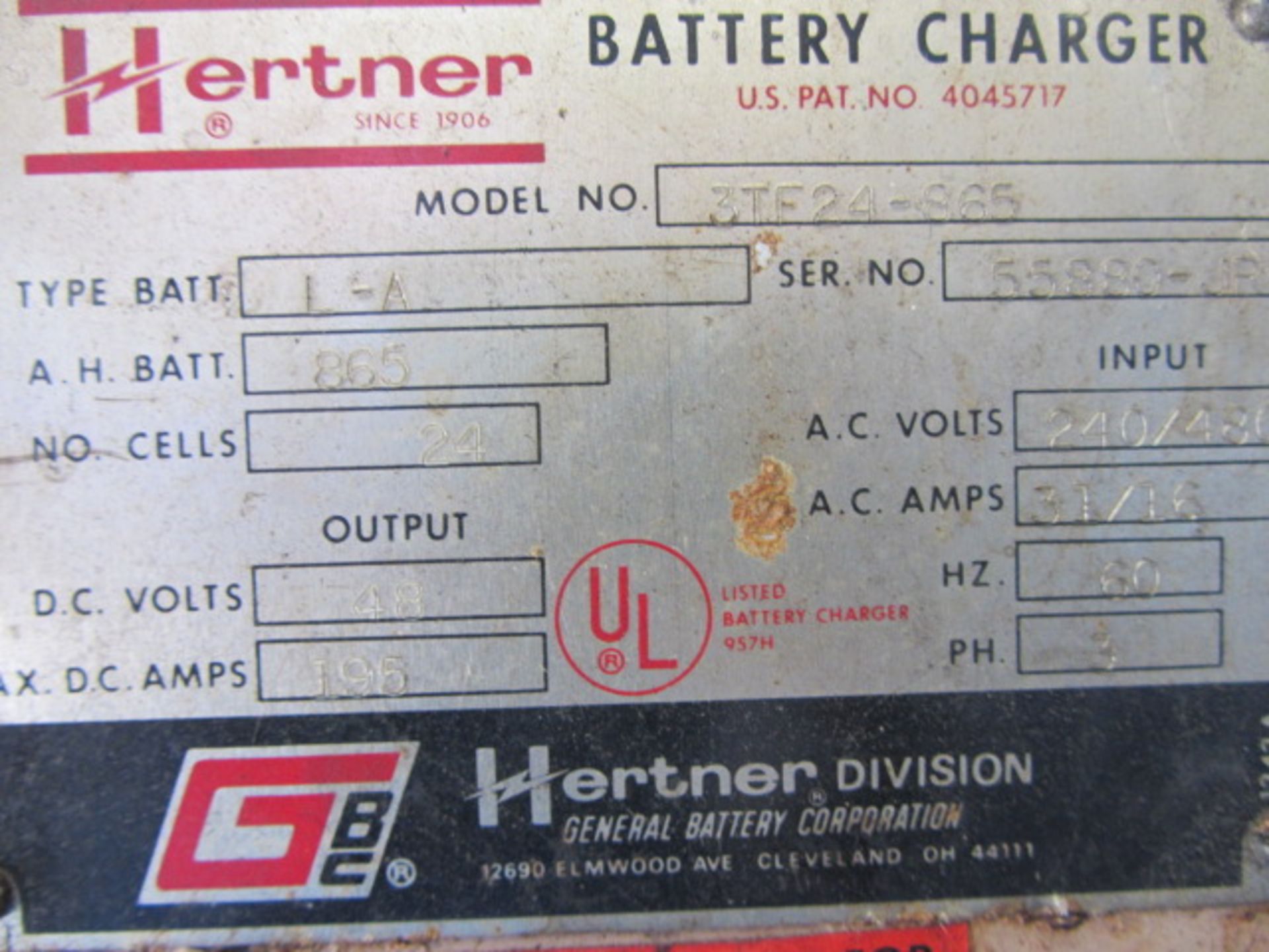 Hertner Model 3TF24-865 24 Cell Battery Charger with 48 Volt, Max DC Amps 195, 31/16 AC Amps, sn: - Image 3 of 3