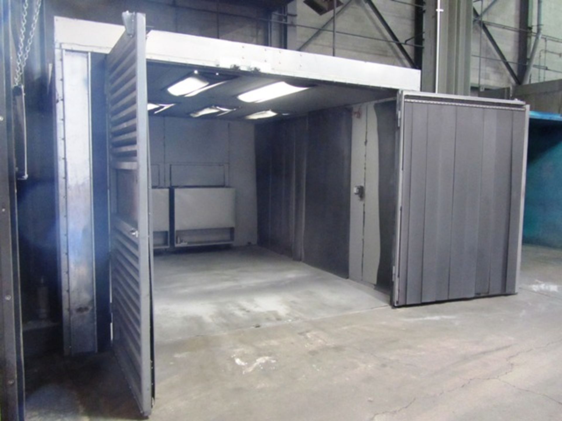 Global 14'D x 12'W x 8'H 2-Door Finishing Blast Booth with Lights, Start & Stop Push Button Control