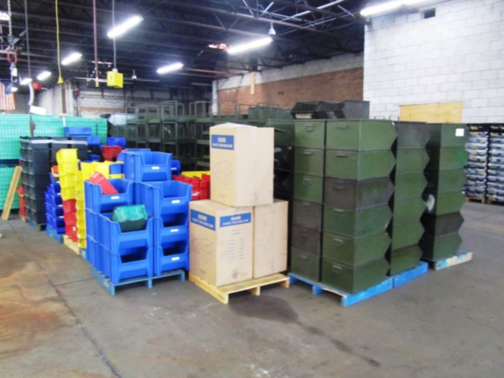 Approx (250) Assorted Size Steel Nut & Bolt Bins & Plastic Bins (on pallets)