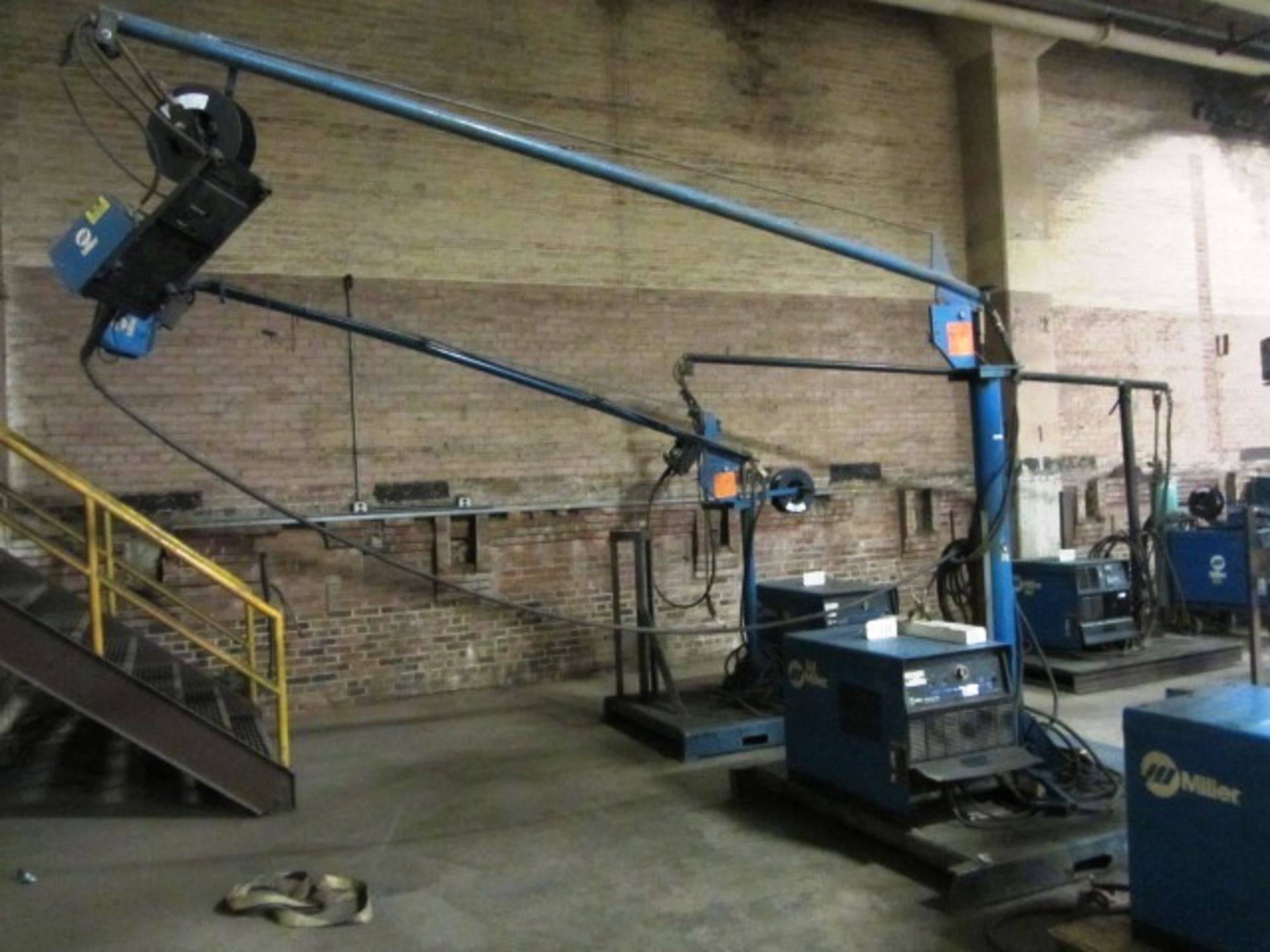 Miller Deltaweld 452 Welder with Bernard Extend Reach Booms, Wire Feed, Platform, sn:LB195043