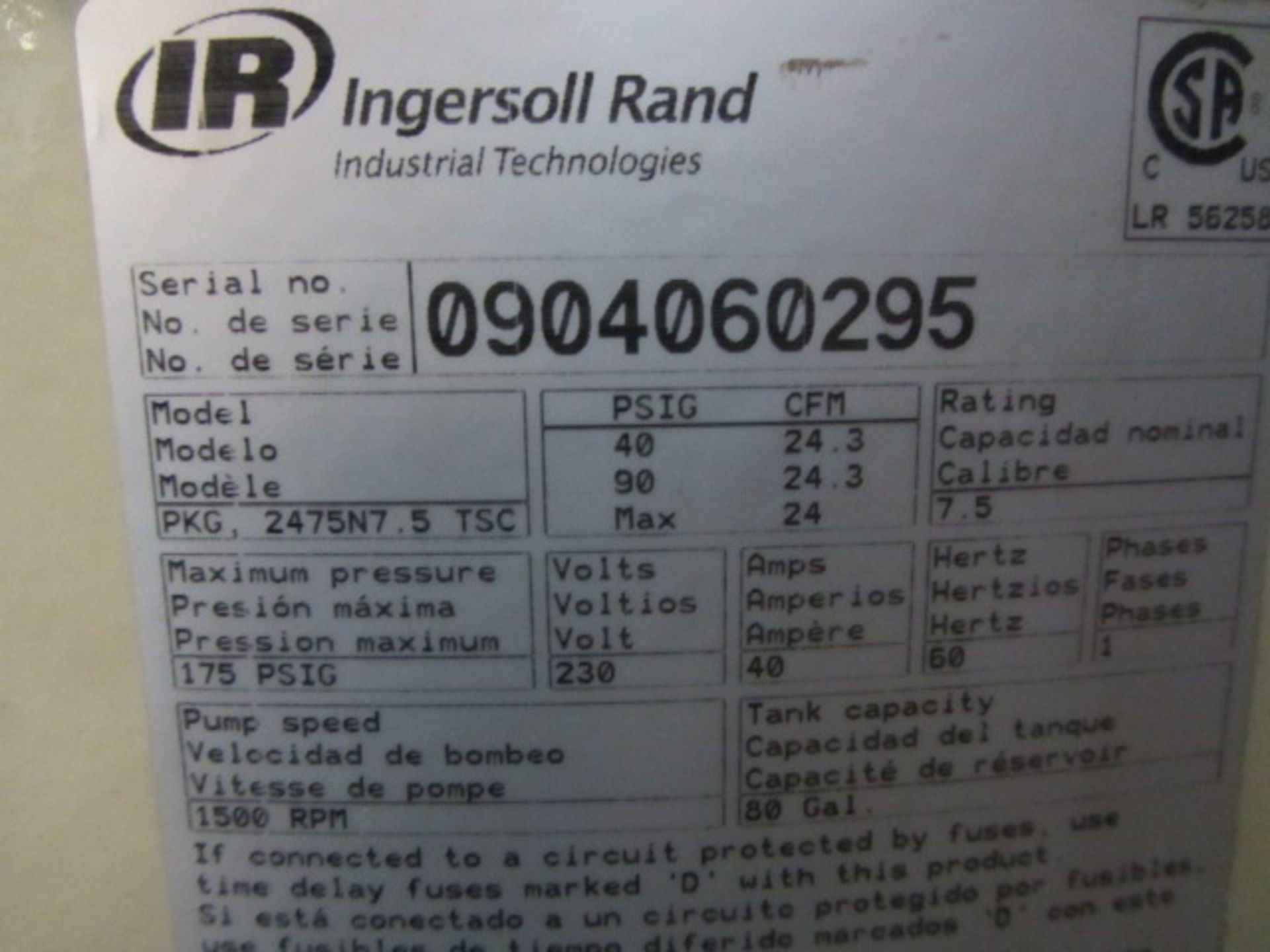 Ingersoll Rand Model 2475N7.5TSC 7.5 HP Reciprocating Vertical Air Compressor with 175 PSI, sn: - Image 5 of 5