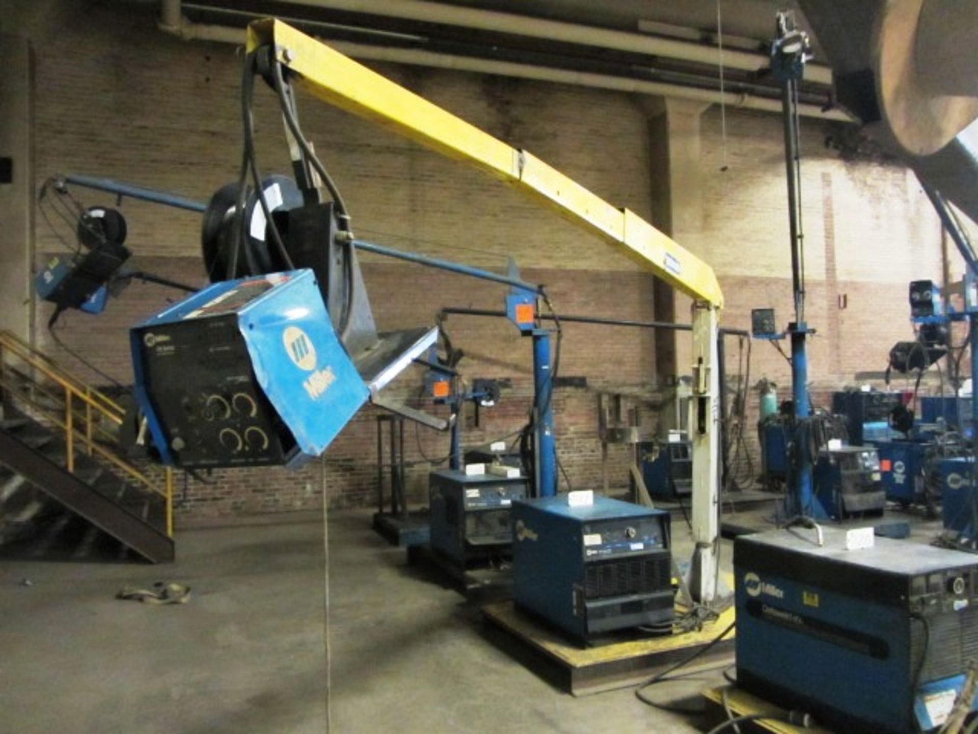 Miller Deltaweld 452 Welder with Bernard Extend Reach Booms, Wire Feed, Platform, sn:LB118527