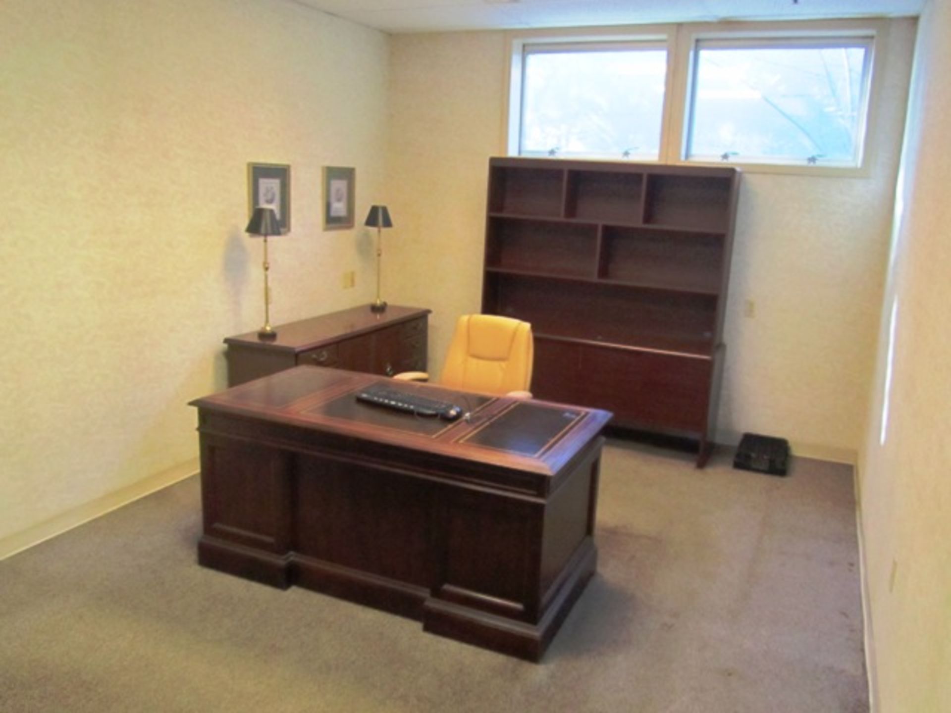 Contents of Office consisting of Desk, Chair, Round Table with (2) Chairs, Credenza, Bookshelf