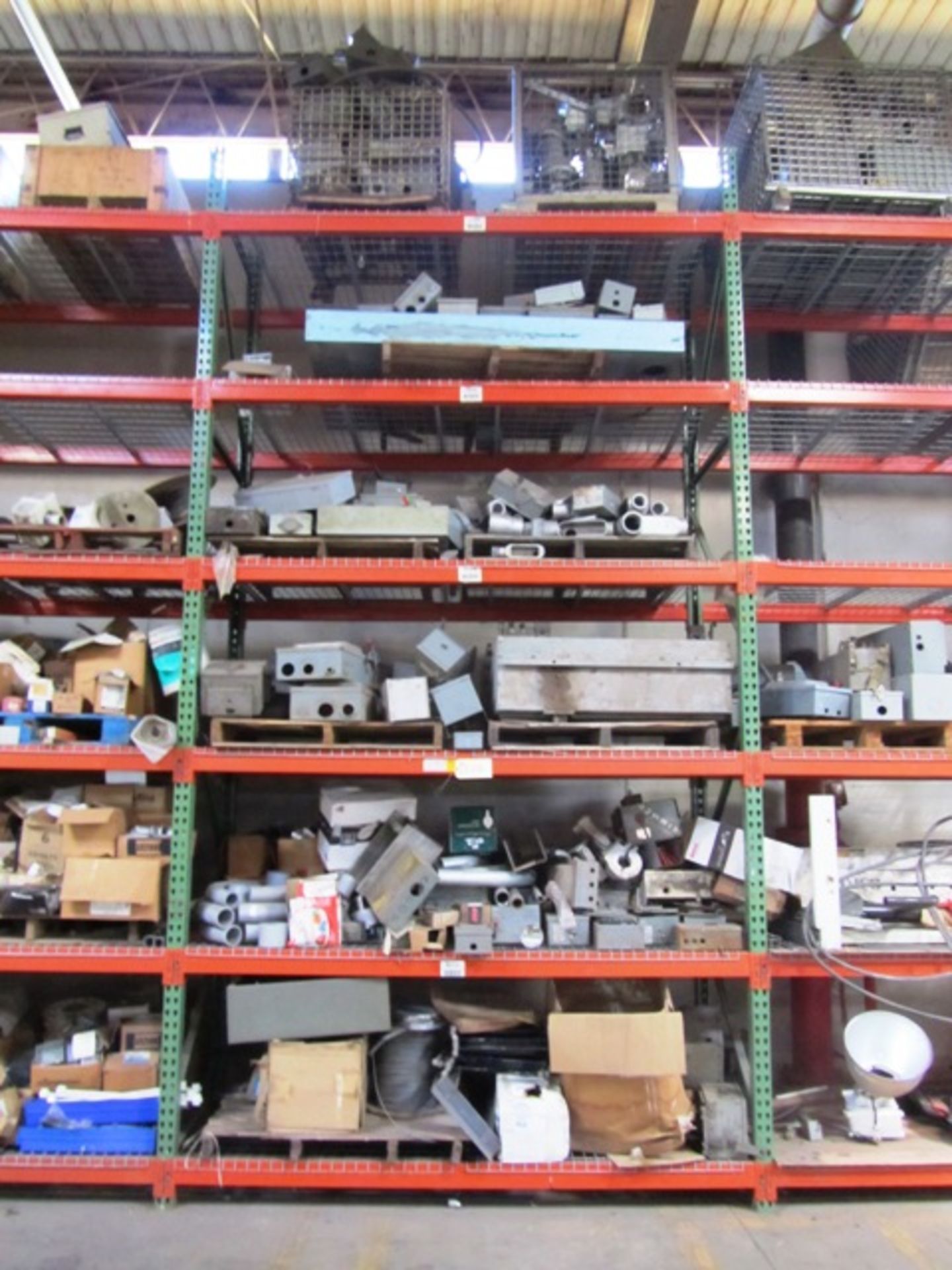 Contents of 6 Vertical Sections Pallet Racking consisting of Electrical Boxes, Shims