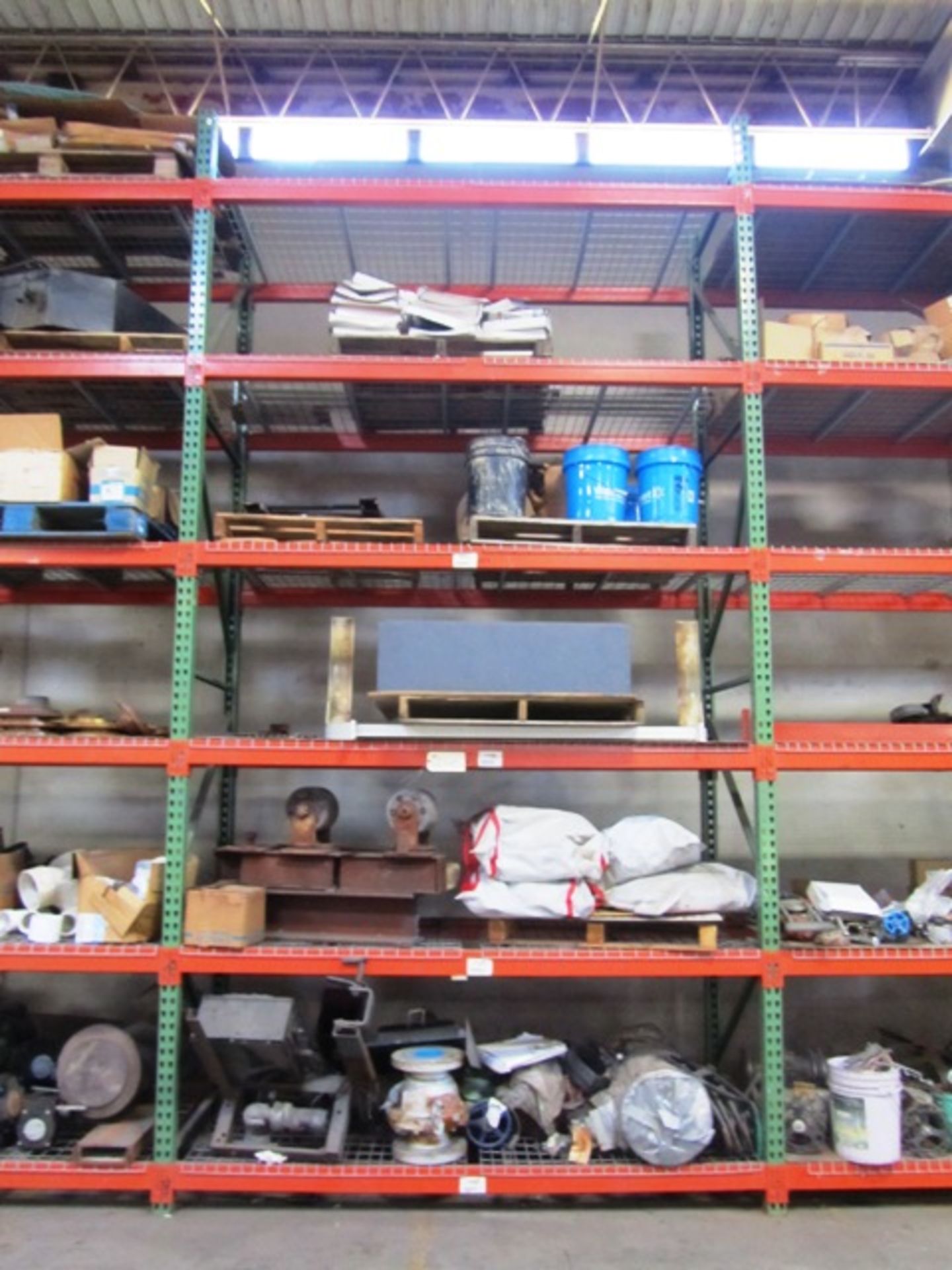 Contents of 5 Vertical Sections Pallet Racking consisting of Valves, Shop Built Wheel Fixtures,