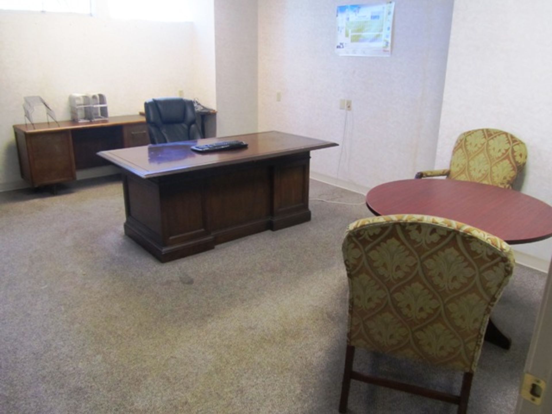 Contents of Office consisting of Desk, Chair, Round Table, (2) Chairs, Credenza, Bookshelf