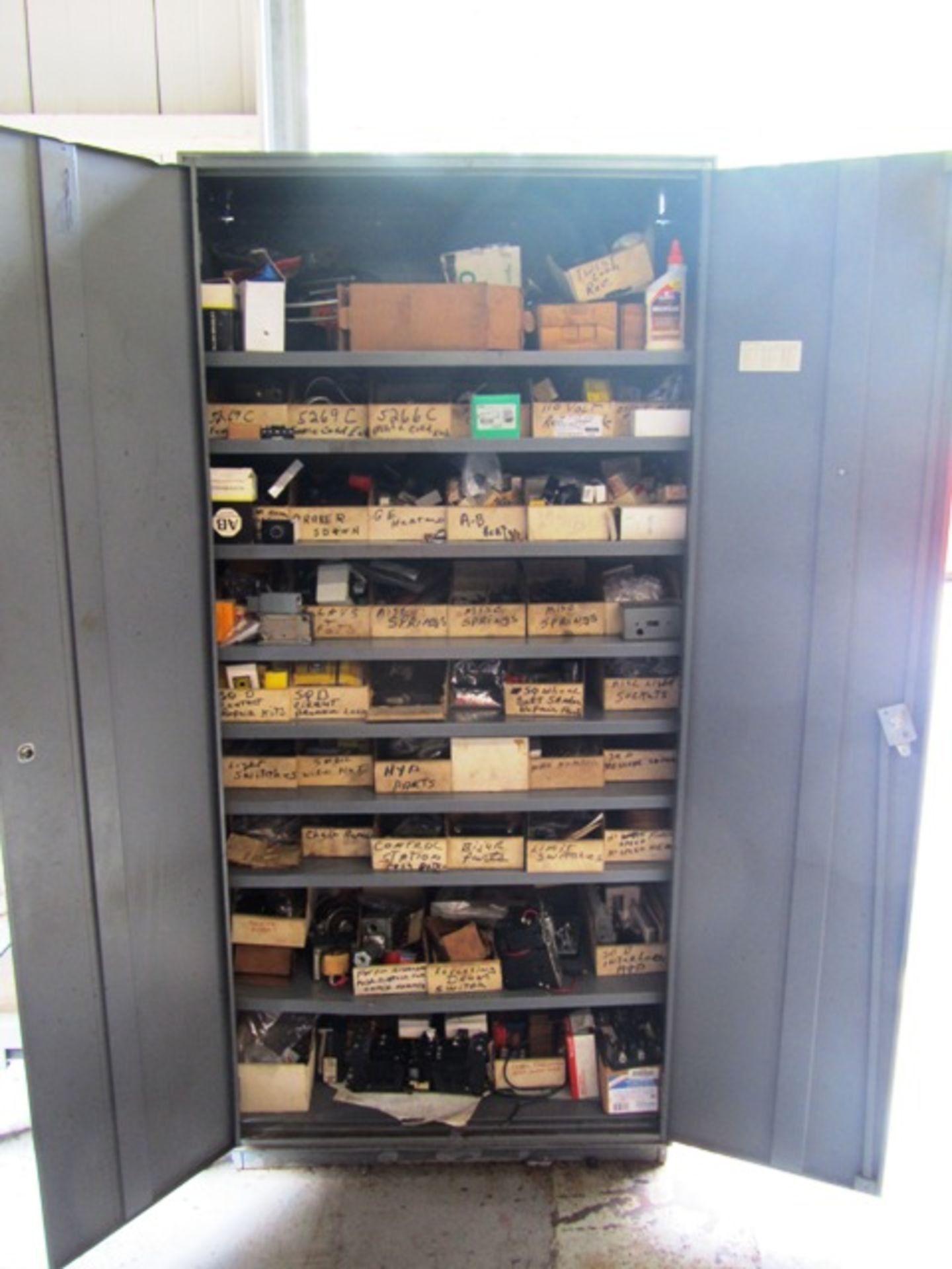 2 Door Cabinet with Springs, Switches, Breakers, Etc.