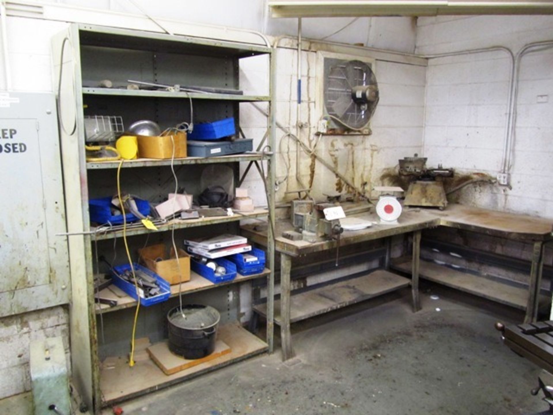 Workbench with Vise, Scales, Paint Shaker (in corner), & Shelf with Contents